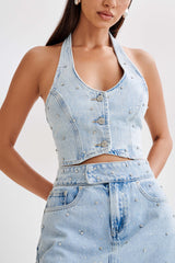 Kieryn Embellished Denim Vest - Light Blue