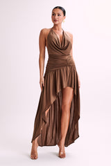 Serenity Ruched Slinky Maxi Dress - Chocolate