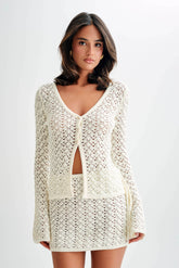 Murphy Long Sleeve Knit Shell Button Cardigan - White