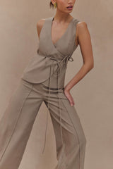 Brandi Linen Sleeveless Wrap Top - Pebble