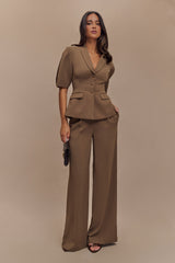Opal Puff Sleeve Suiting Top - Cacao Brown
