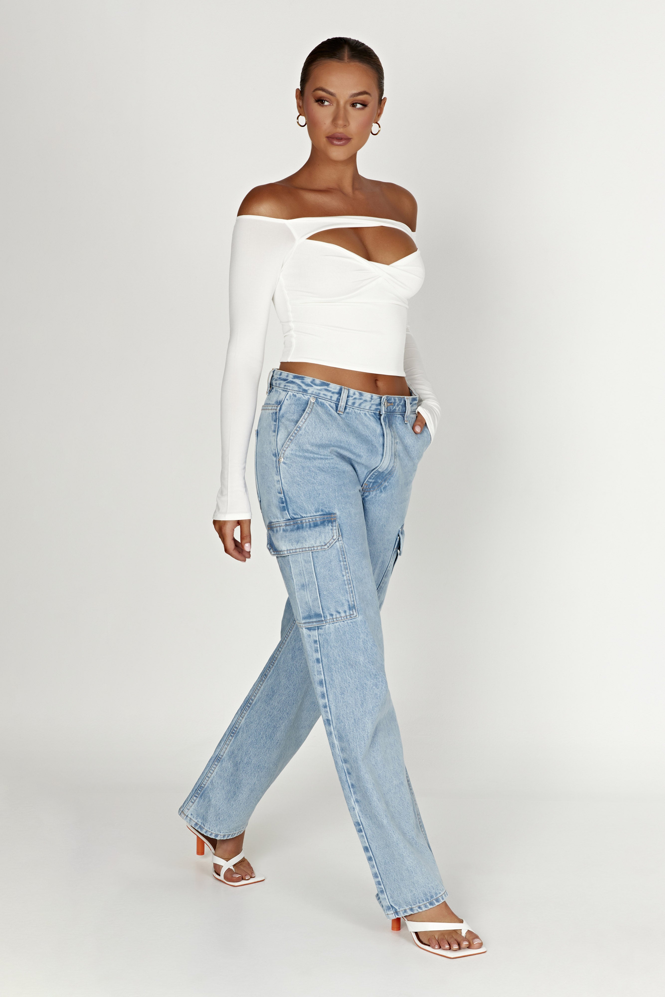 Ceri Off Shoulder Long Sleeve Top - White