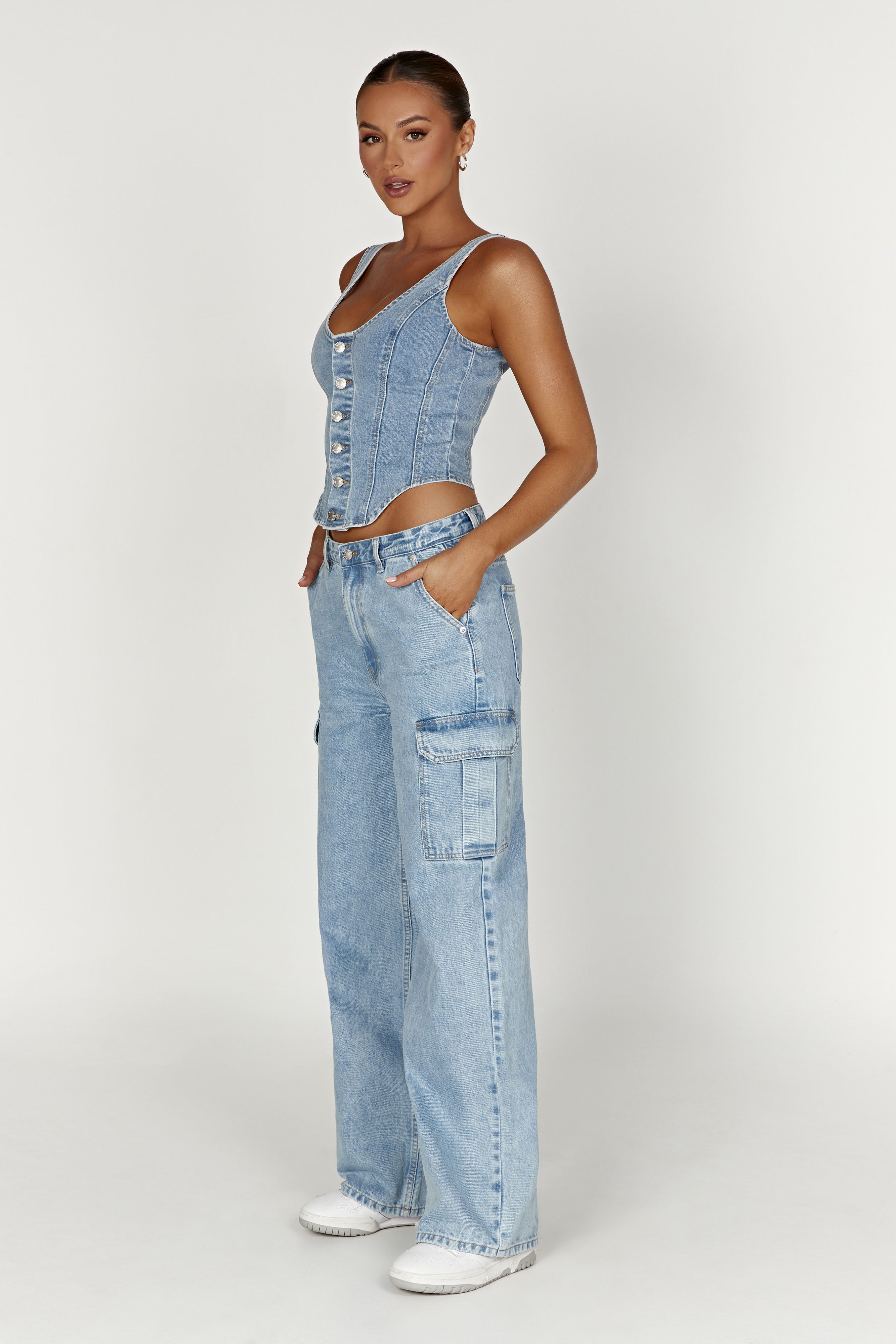 Leilani Corset Denim Top - Mid Blue