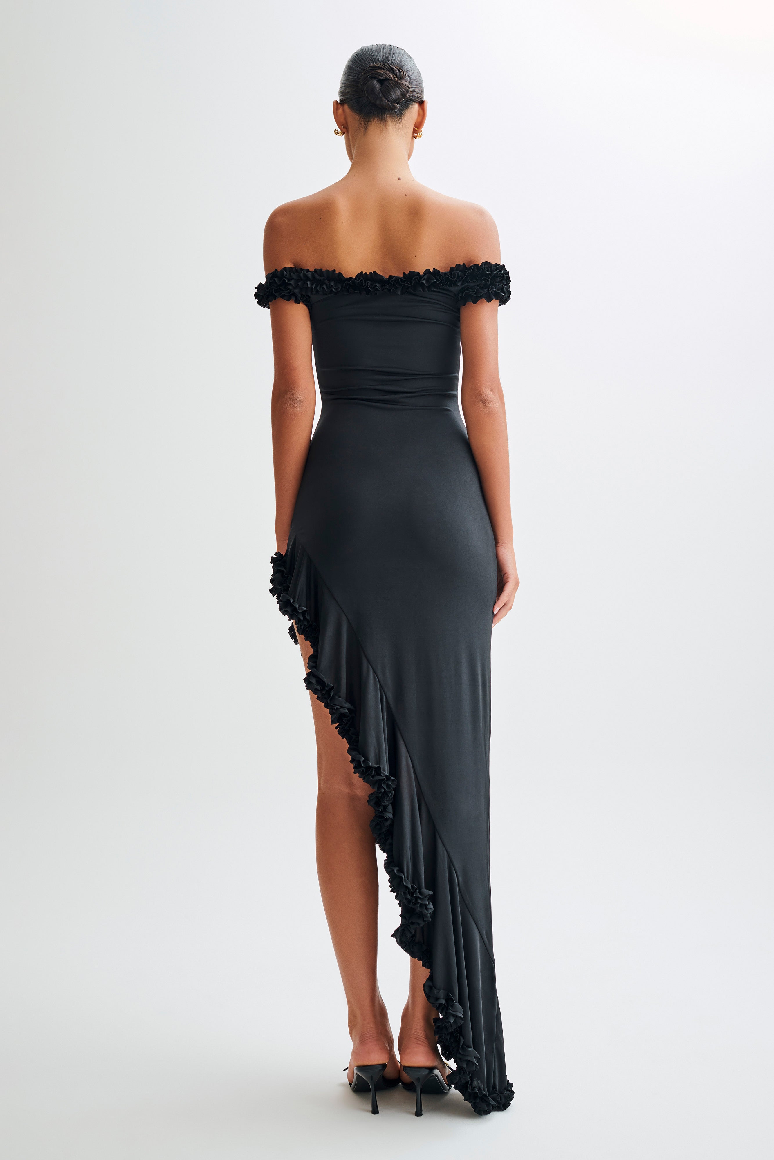 Arielle Off Shoulder Ruffle Midi Dress - Black