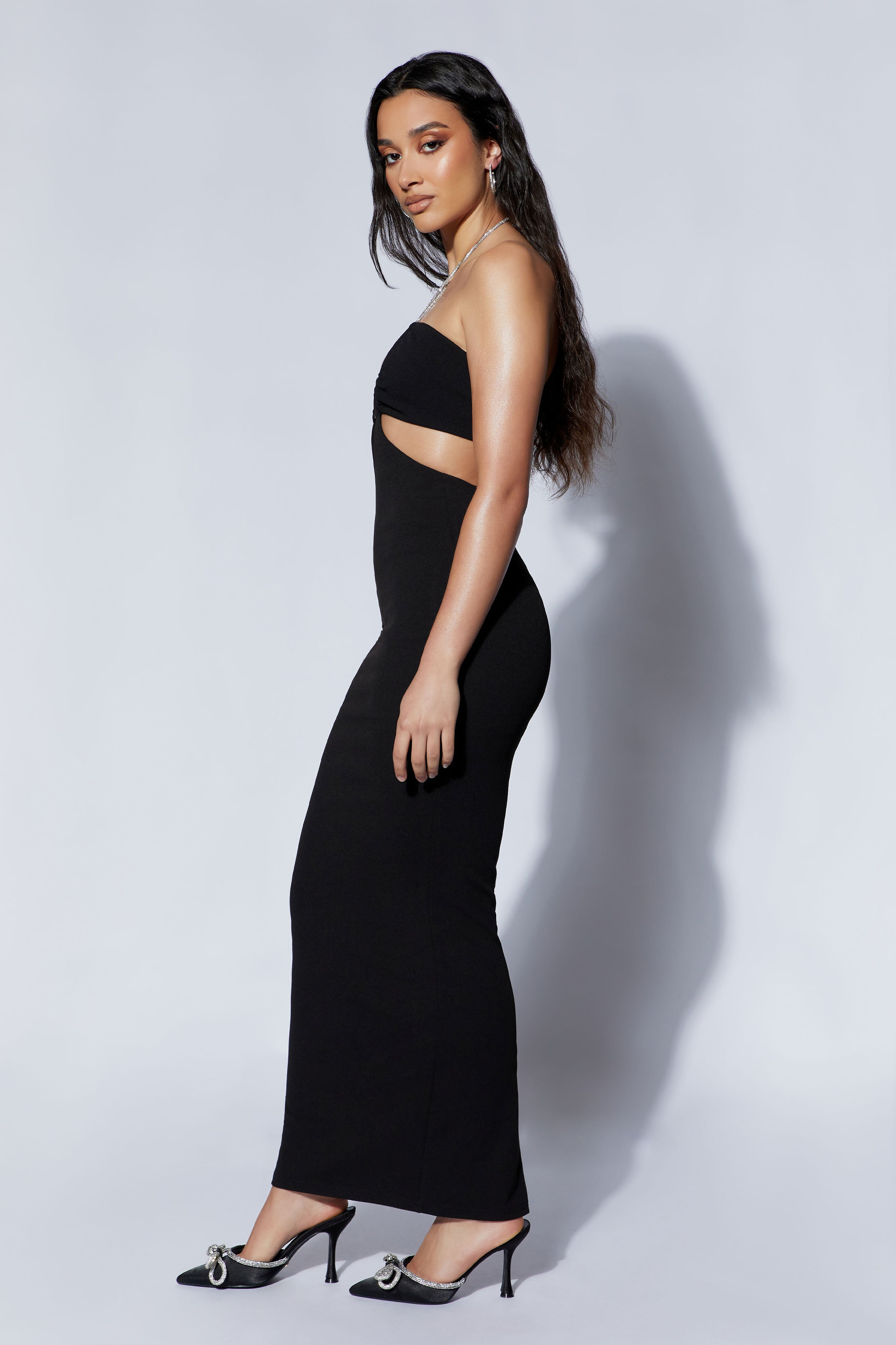 Jessa Diamante Rope Cut Out Midi Dress - Black