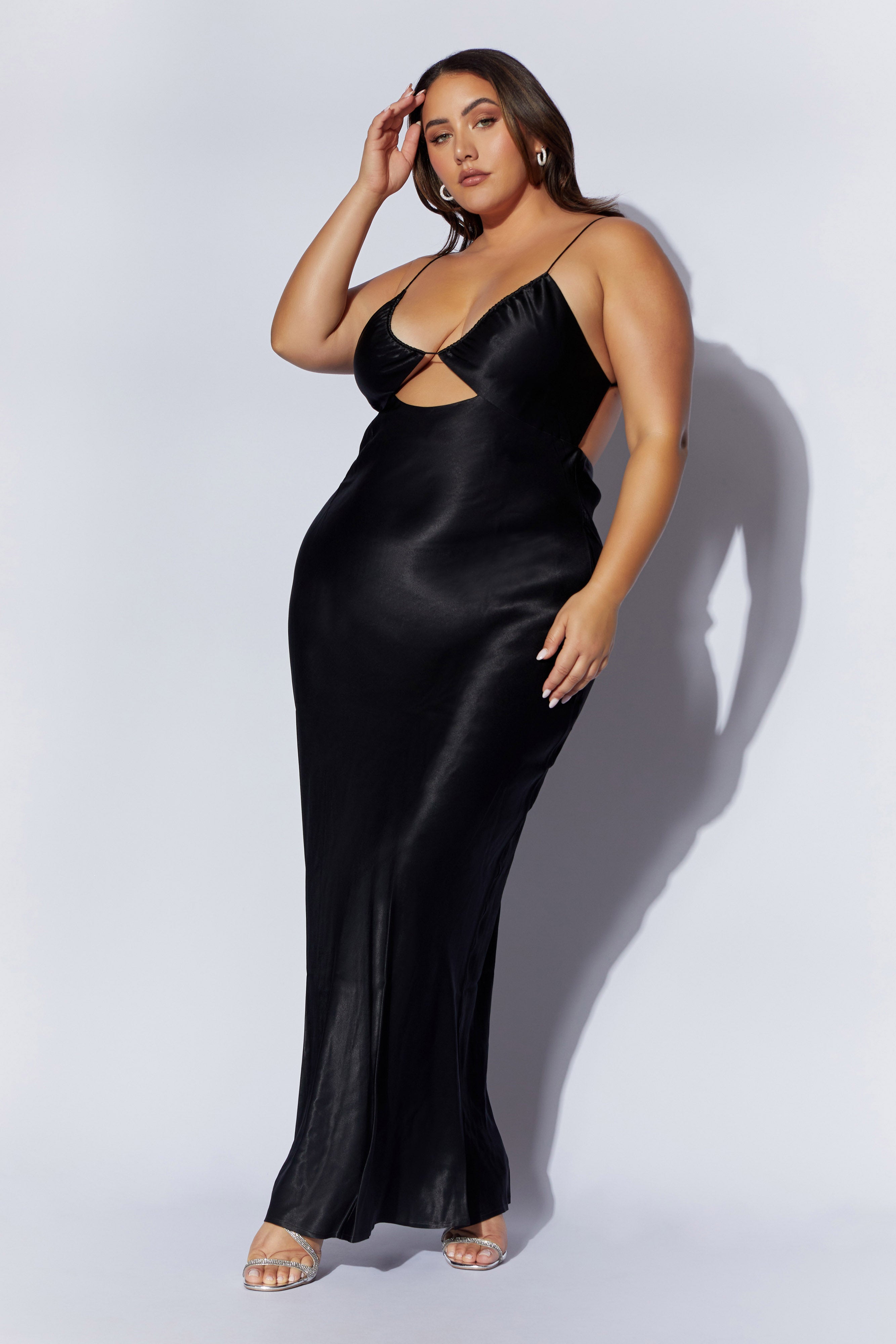 Sadie Maxi Satin Halter Ruched Slip Dress - Black