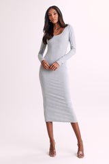 Sierra Scoop Neck Long Sleeve Midi Dress - Grey Marle