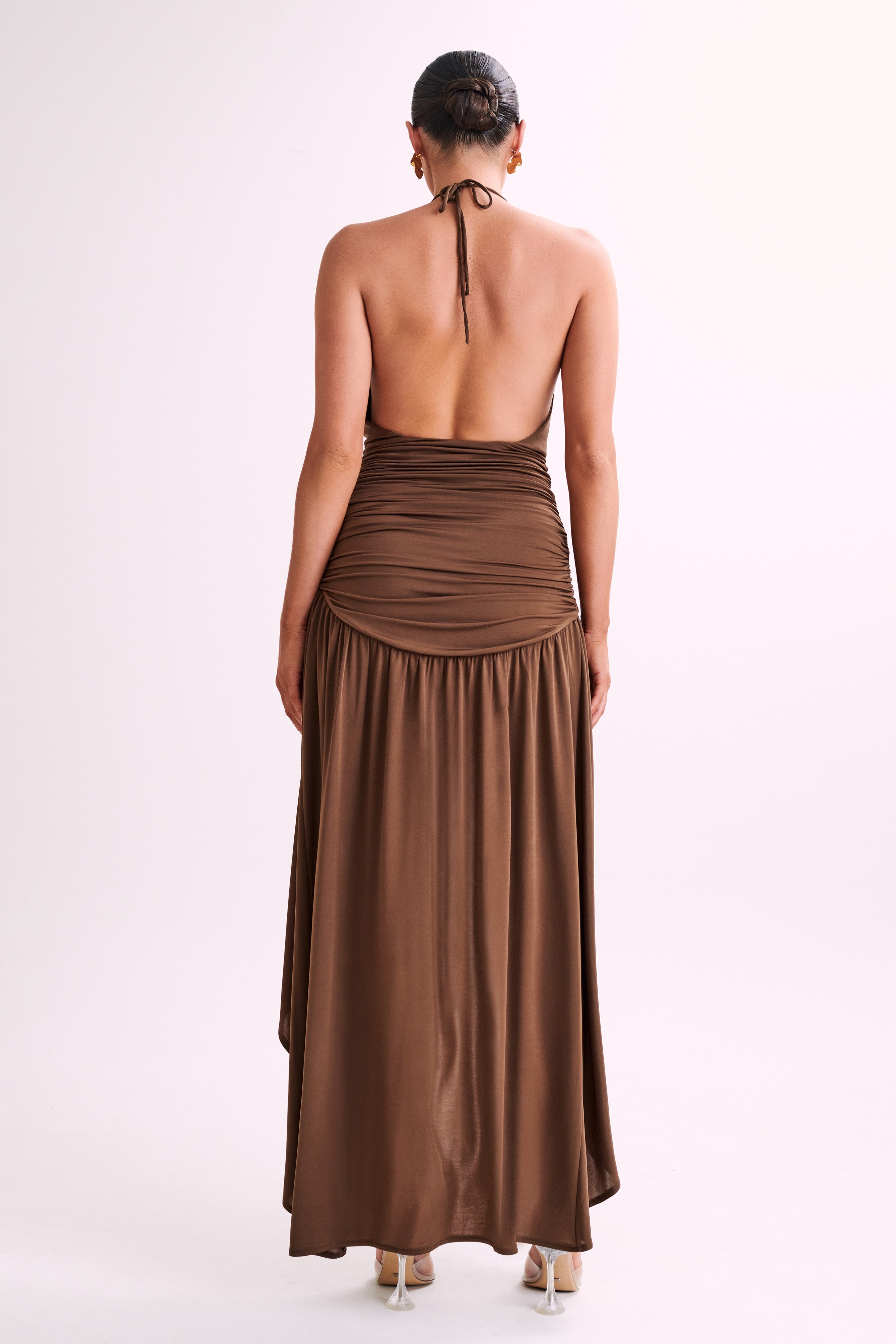 Serenity Ruched Slinky Maxi Dress - Chocolate