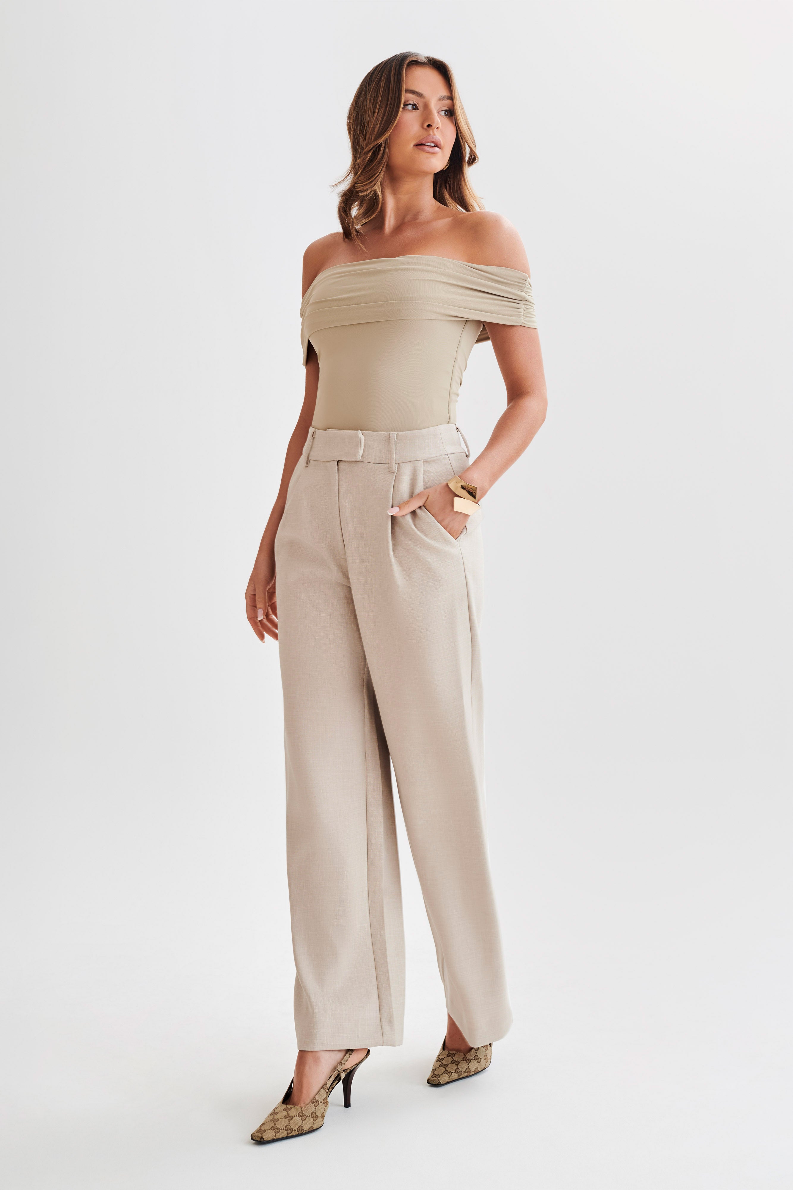 Meena Recycled Nylon Off Shoulder Top - Taupe