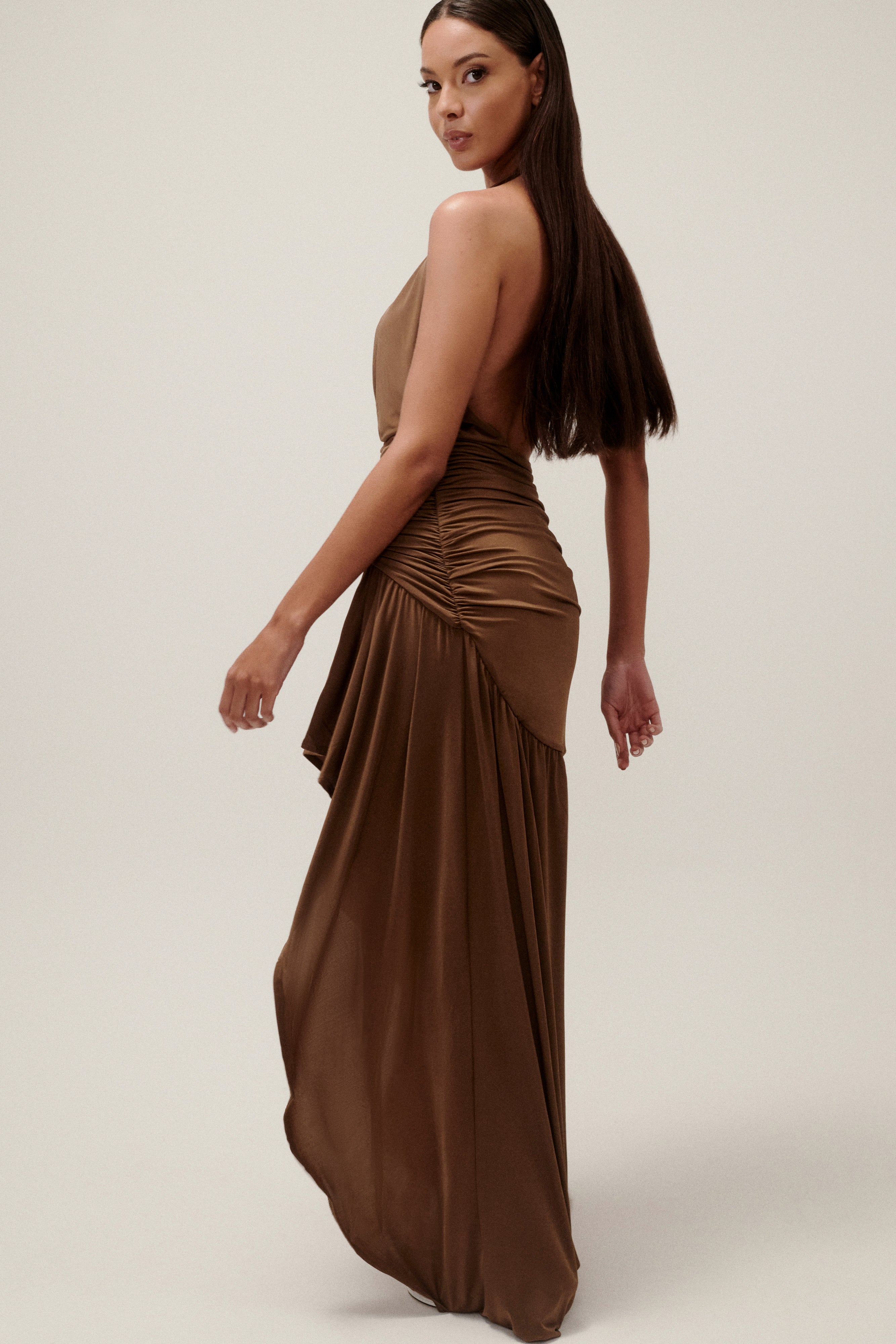 Serenity Ruched Slinky Maxi Dress - Chocolate