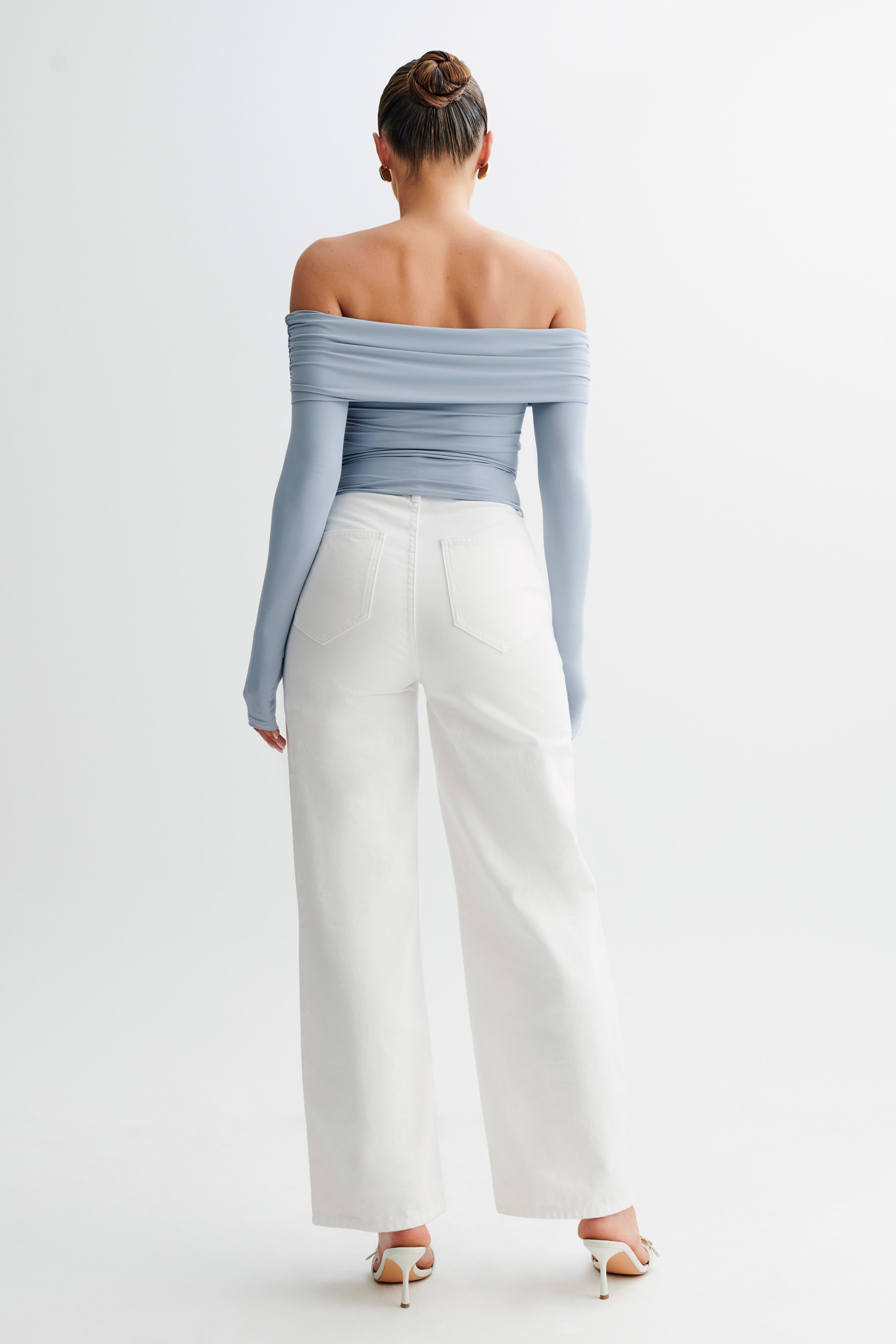 Lucinda Recycled Nylon Off Shoulder Top - Dusty Blue