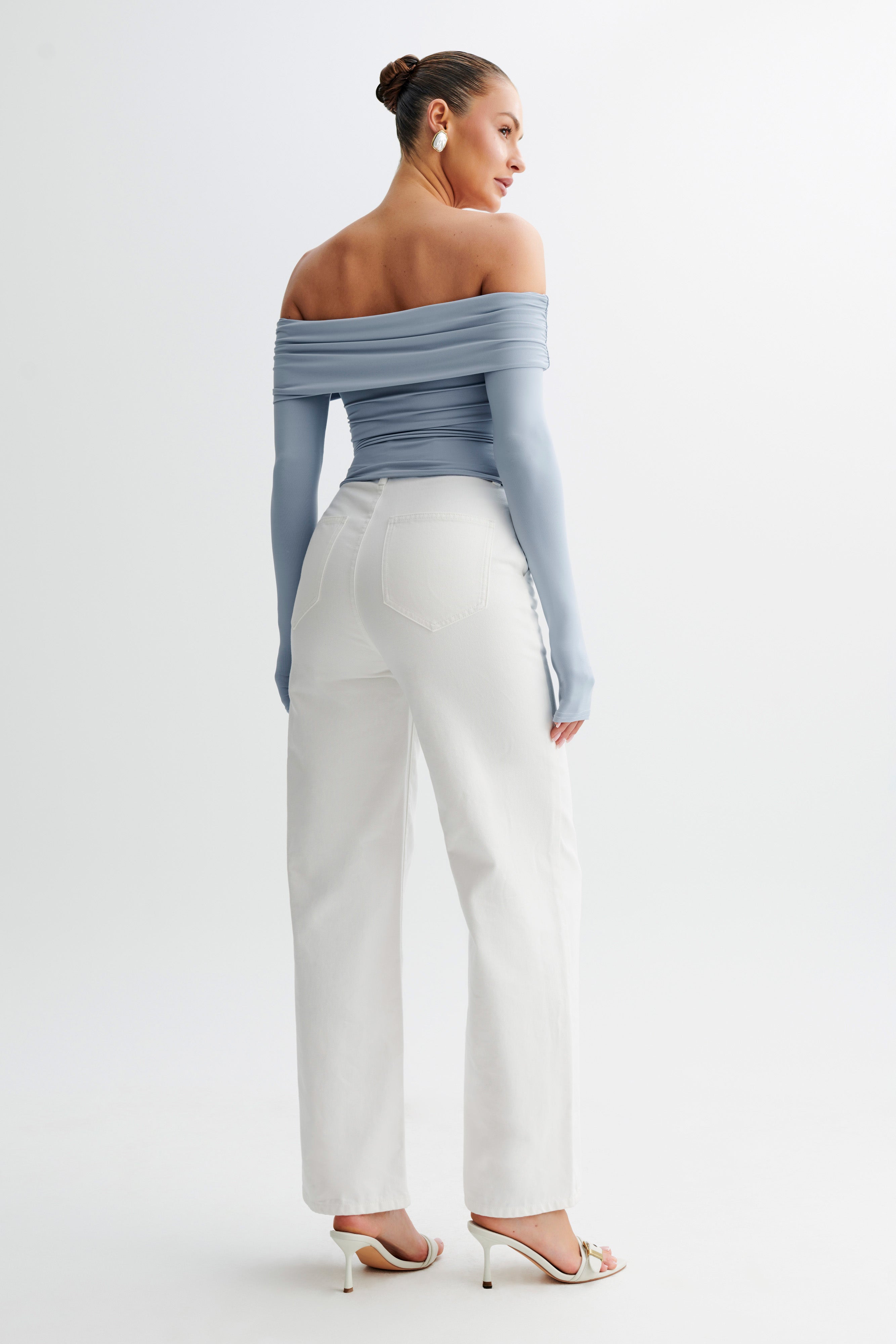 Lucinda Recycled Nylon Off Shoulder Top - Dusty Blue