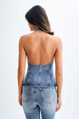 India Button Front Halter Denim Longline Top - Washed Mid Blue
