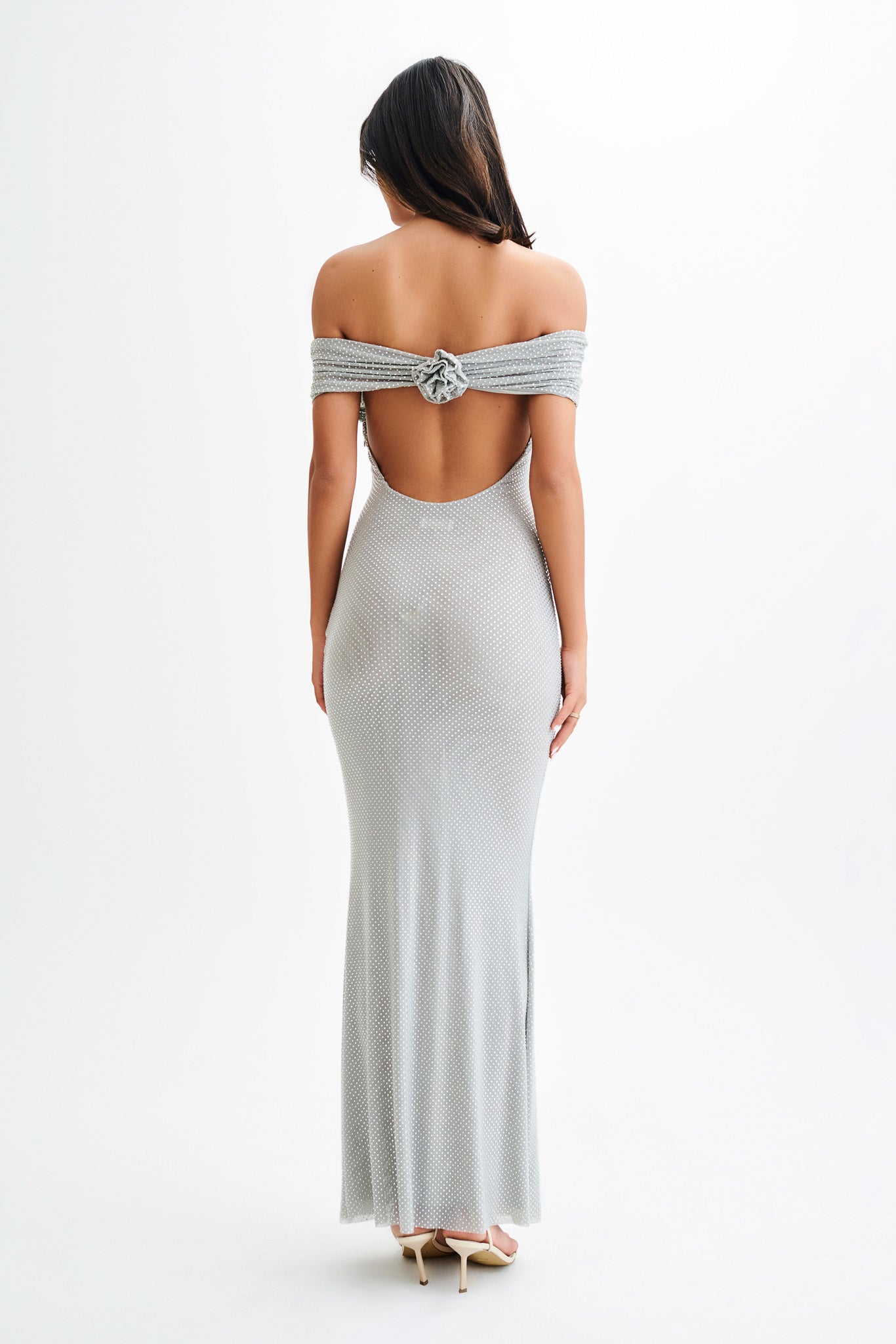Arna Off Shoulder Diamante Maxi Dress - Silver