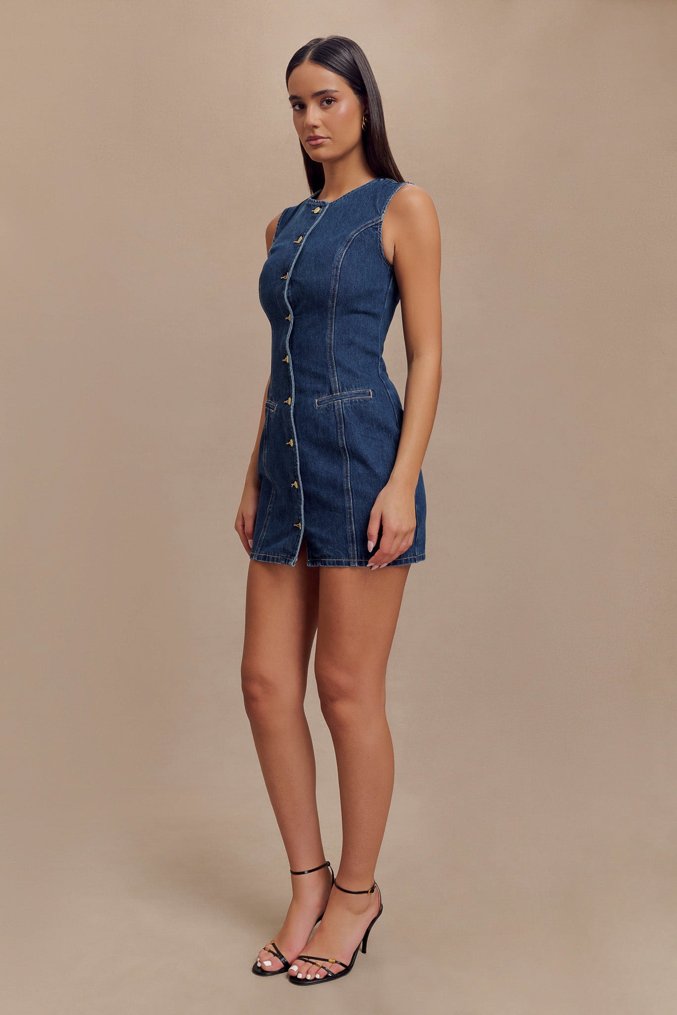 Jane Button Down Denim Mini Dress - Dark Blue