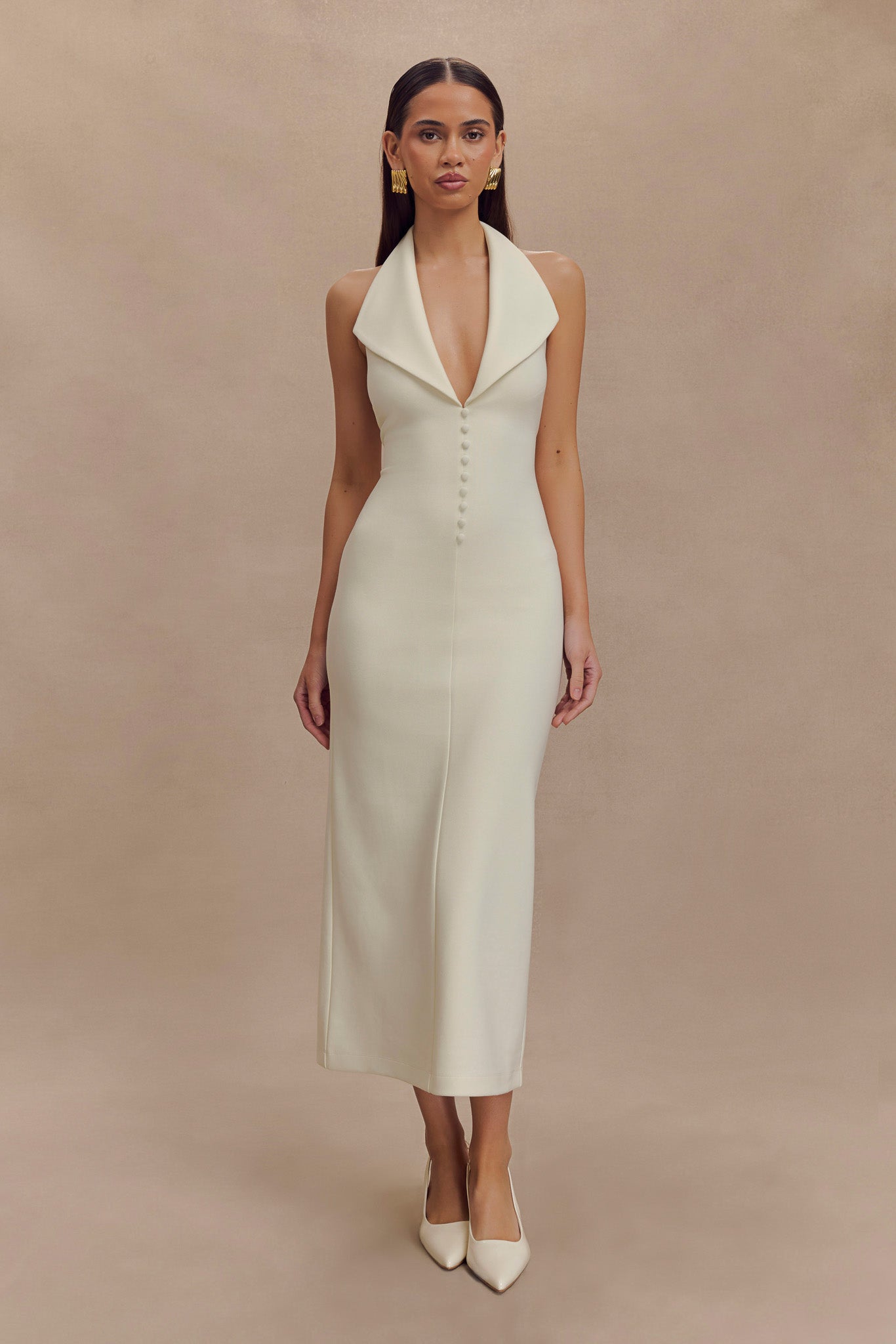 Annita Crepe Halter Midi Dress - Ivory