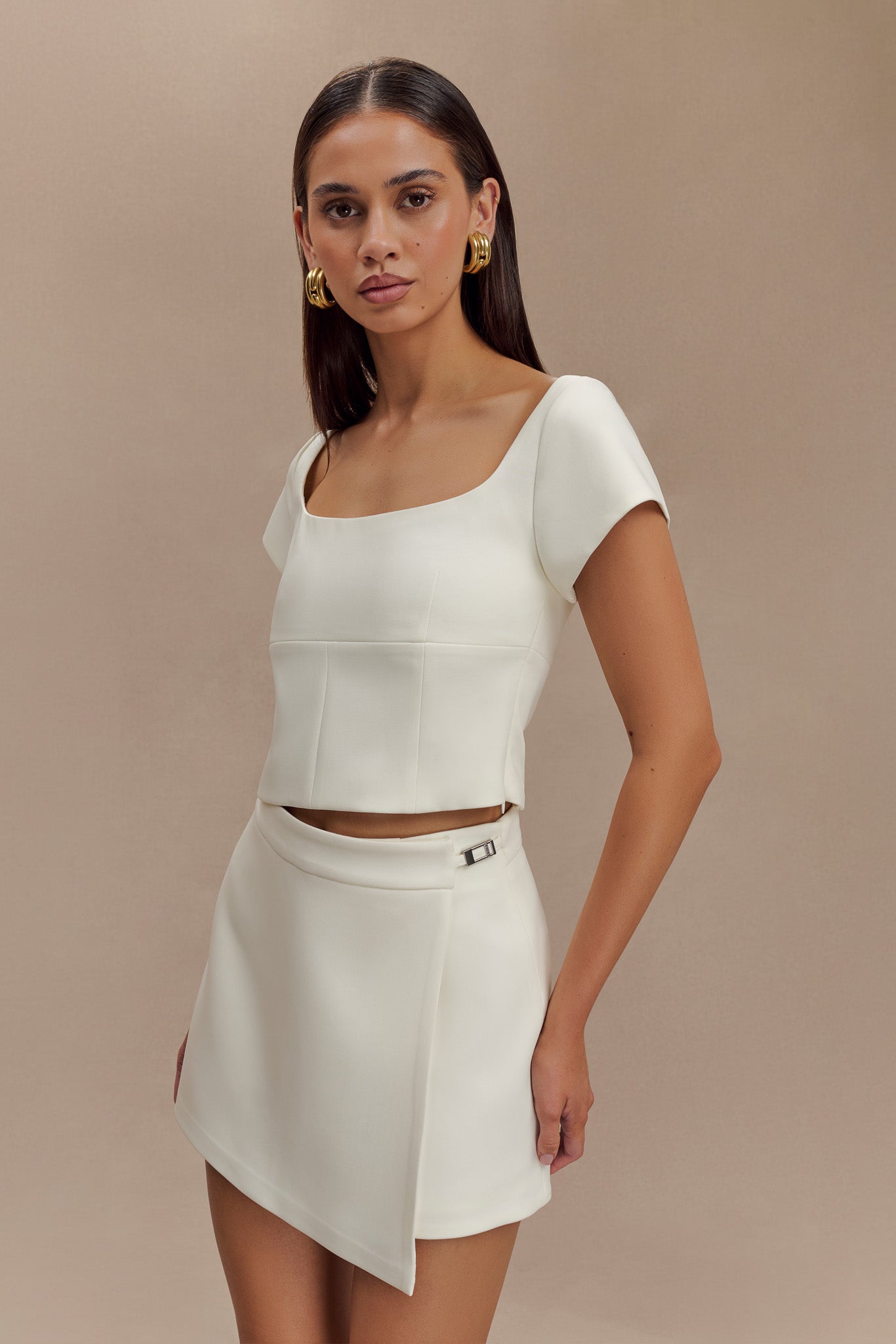 Ellis Cap Sleeve Longline Suiting Top - Ivory