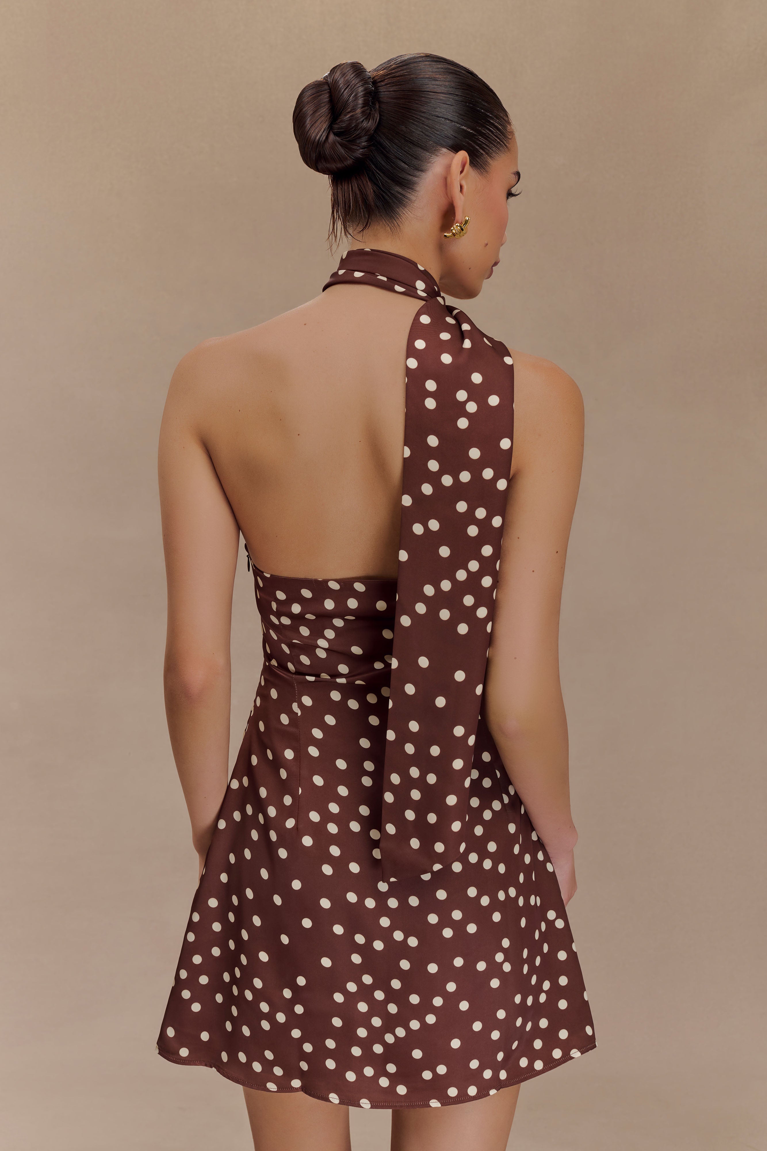 Joan Satin Asymmetrical Mini Dress - Brown Polka Dot Print