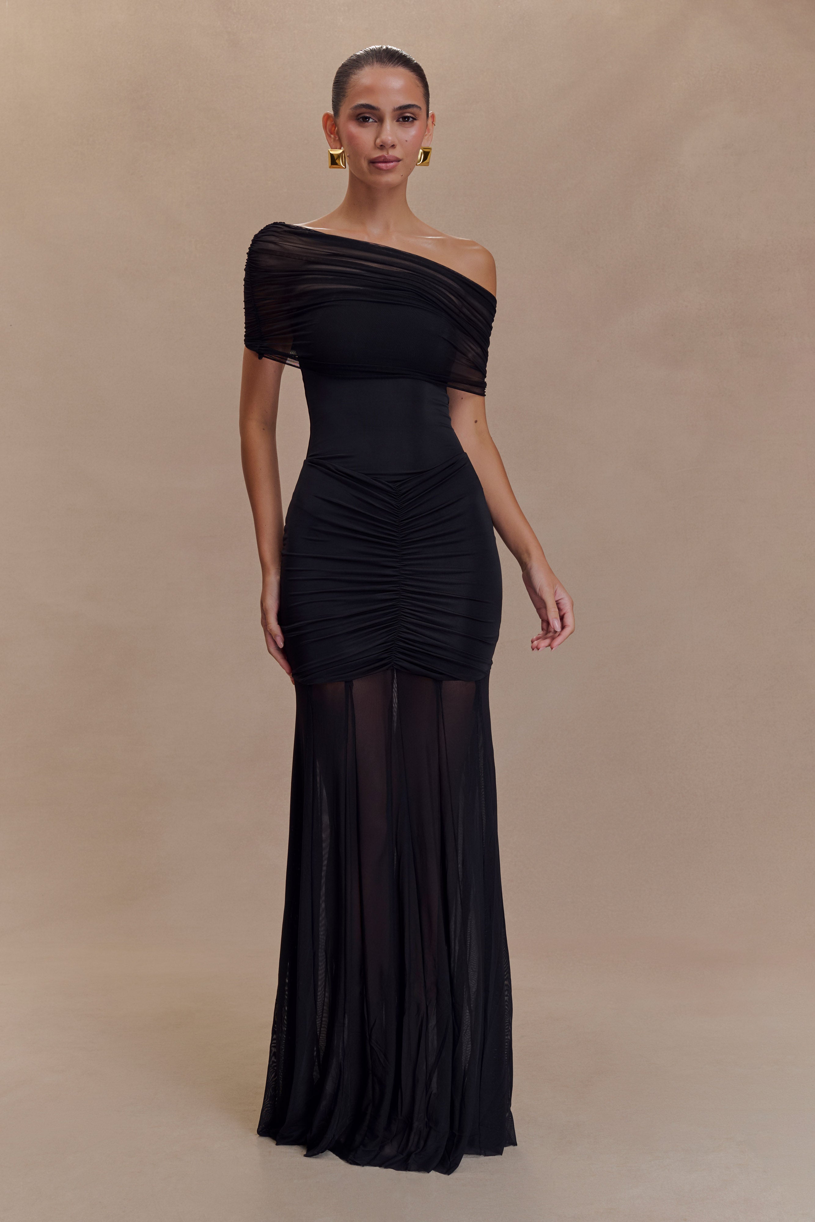 Caspian Slinky And Mesh Off Shoulder Maxi Dress - Black