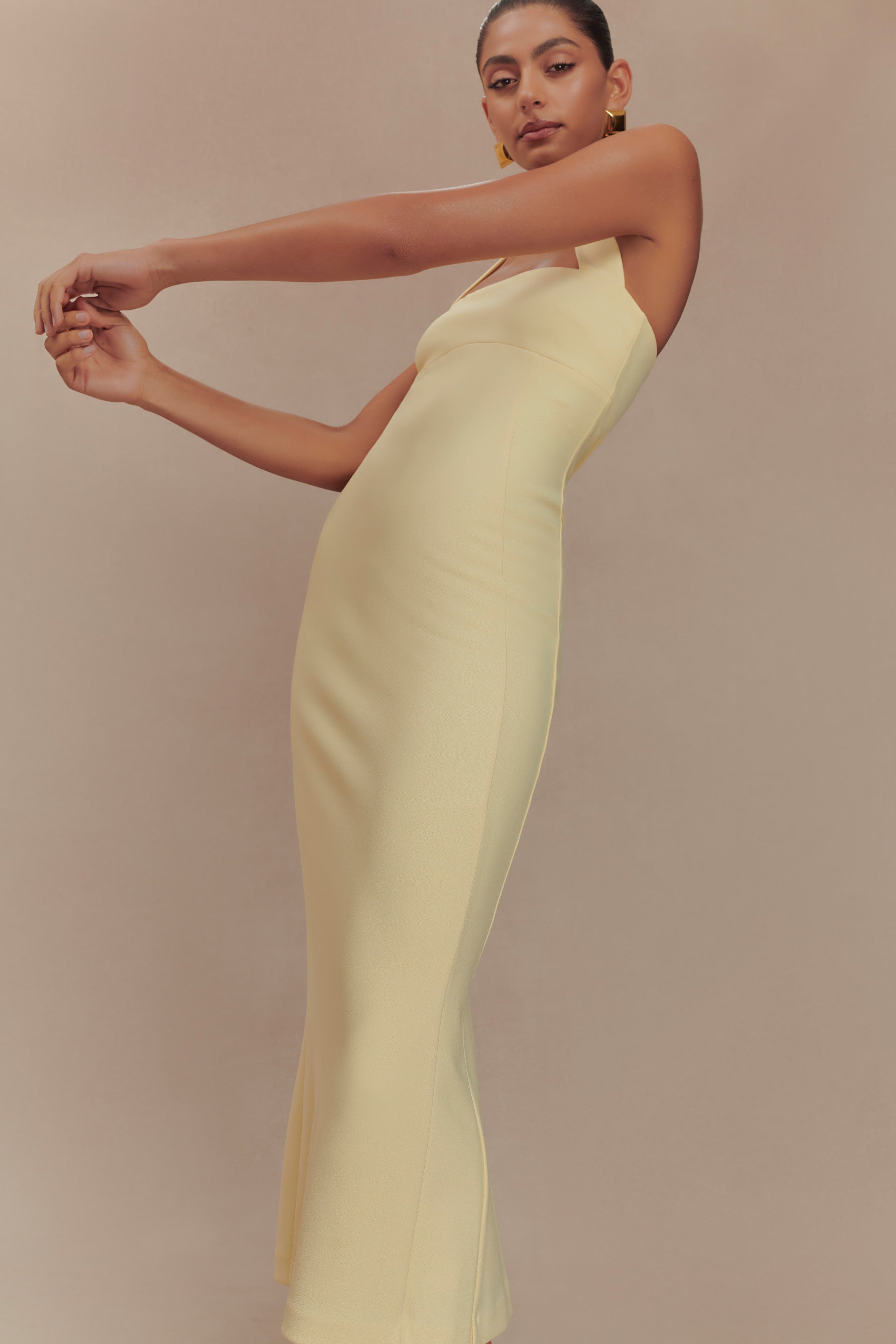 Amelita Suiting Halter Midi Dress - Pale Lemon