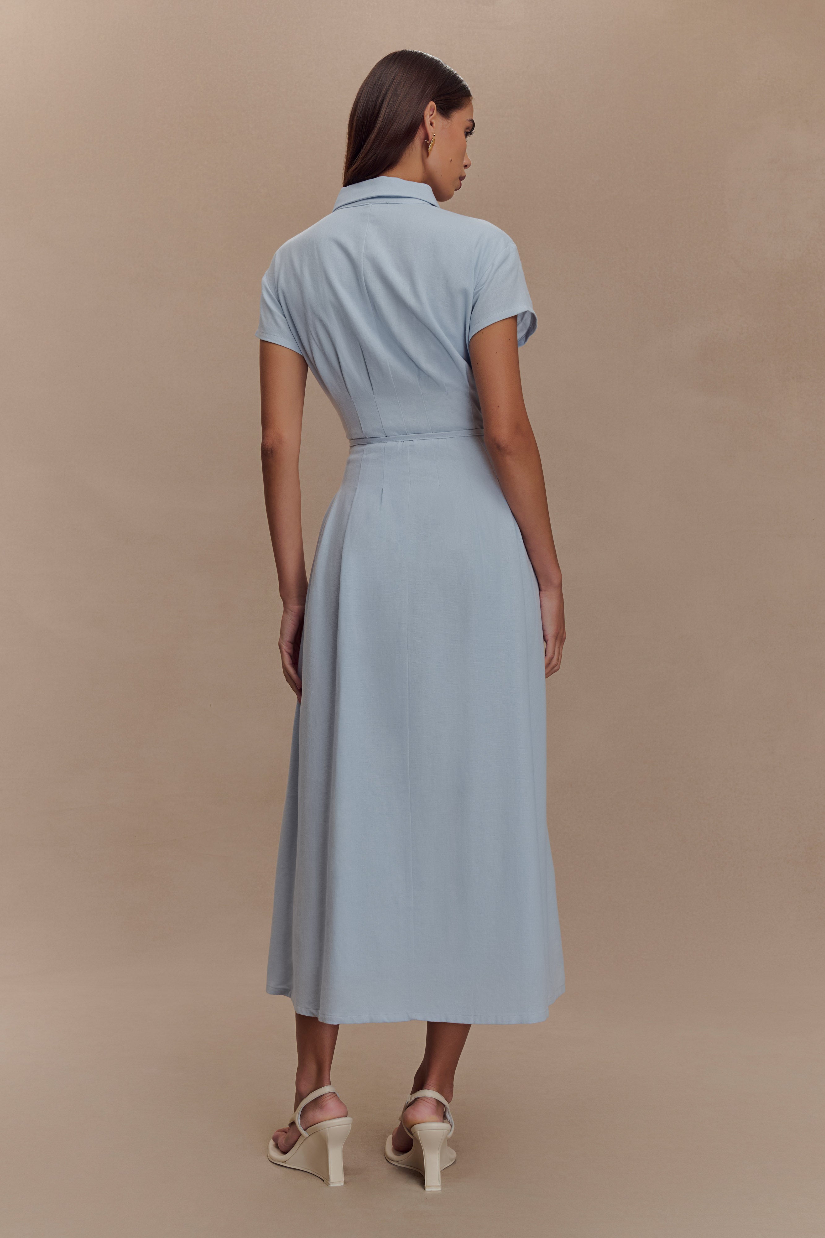 Aysha Buttoned Linen Midi Dress - Cornflower Blue