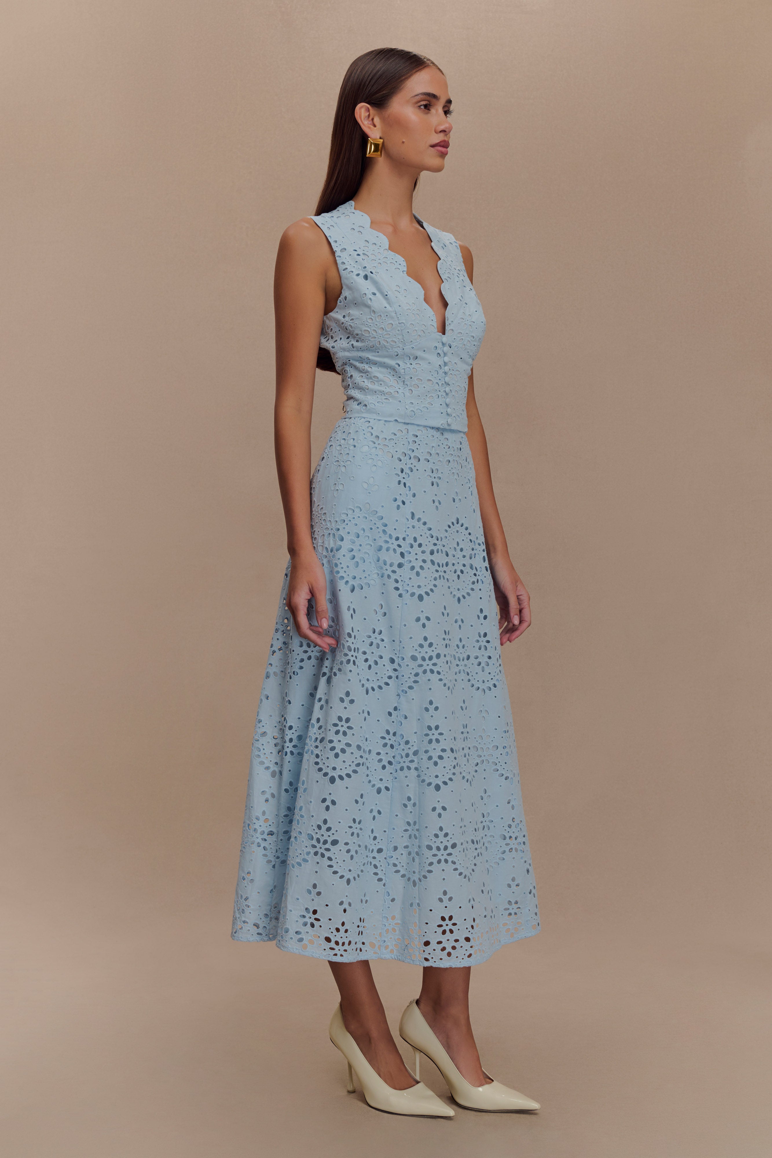 Arla Broderie Midi Skirt - Pale Cornflower Blue