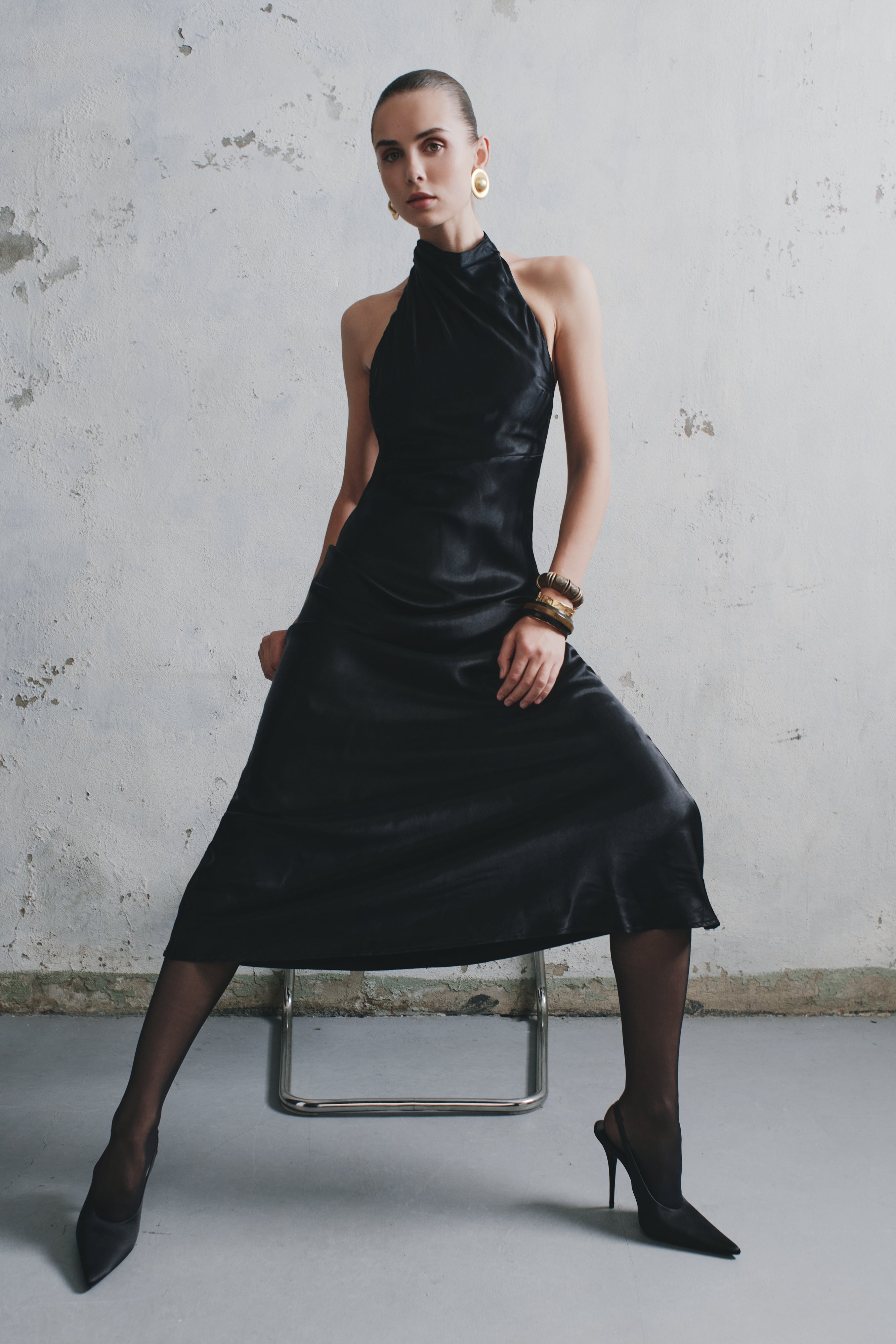 Esther Iridescent Satin Cowl Maxi Dress - Black