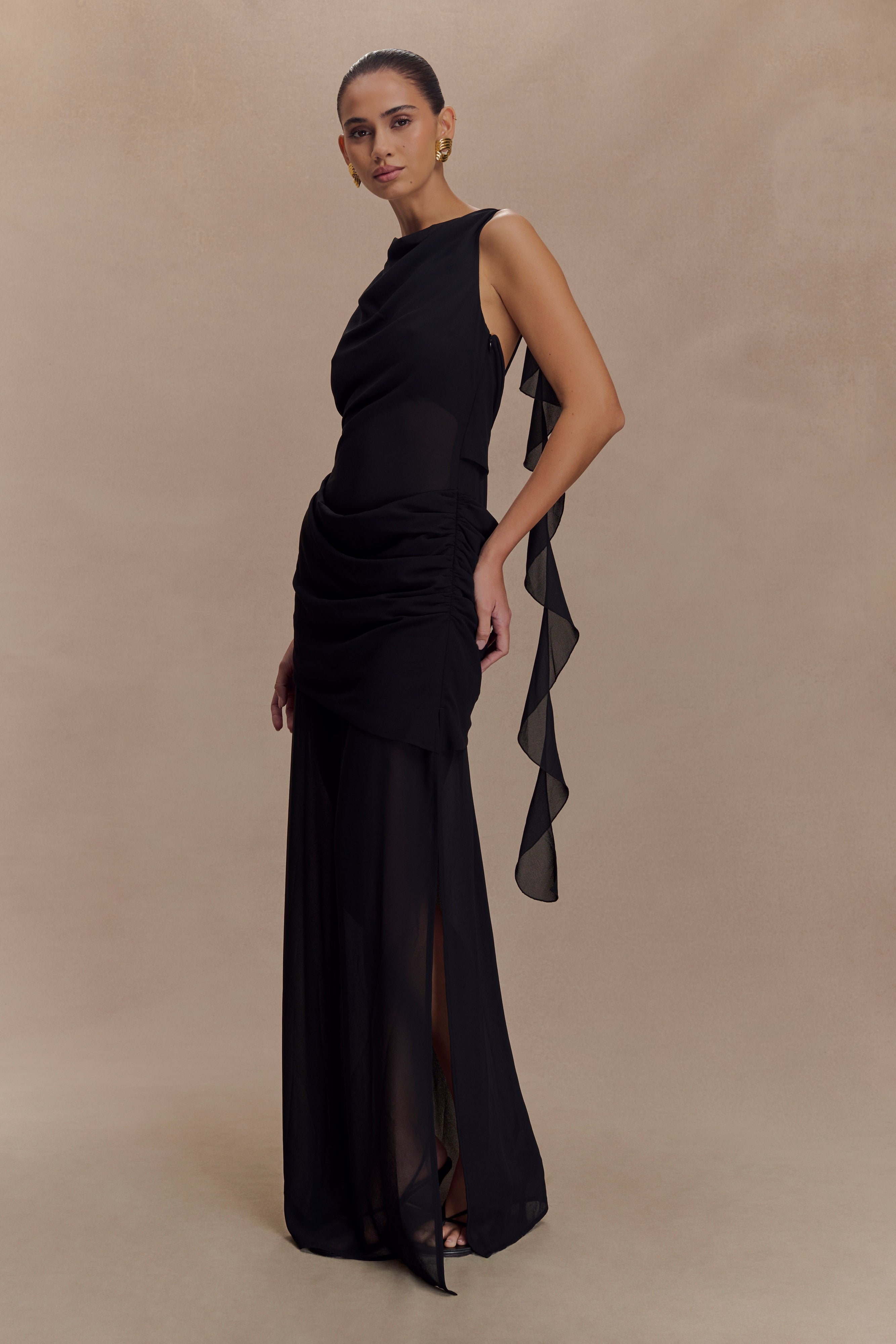 Daria Draped Chiffon Maxi Dress - Black
