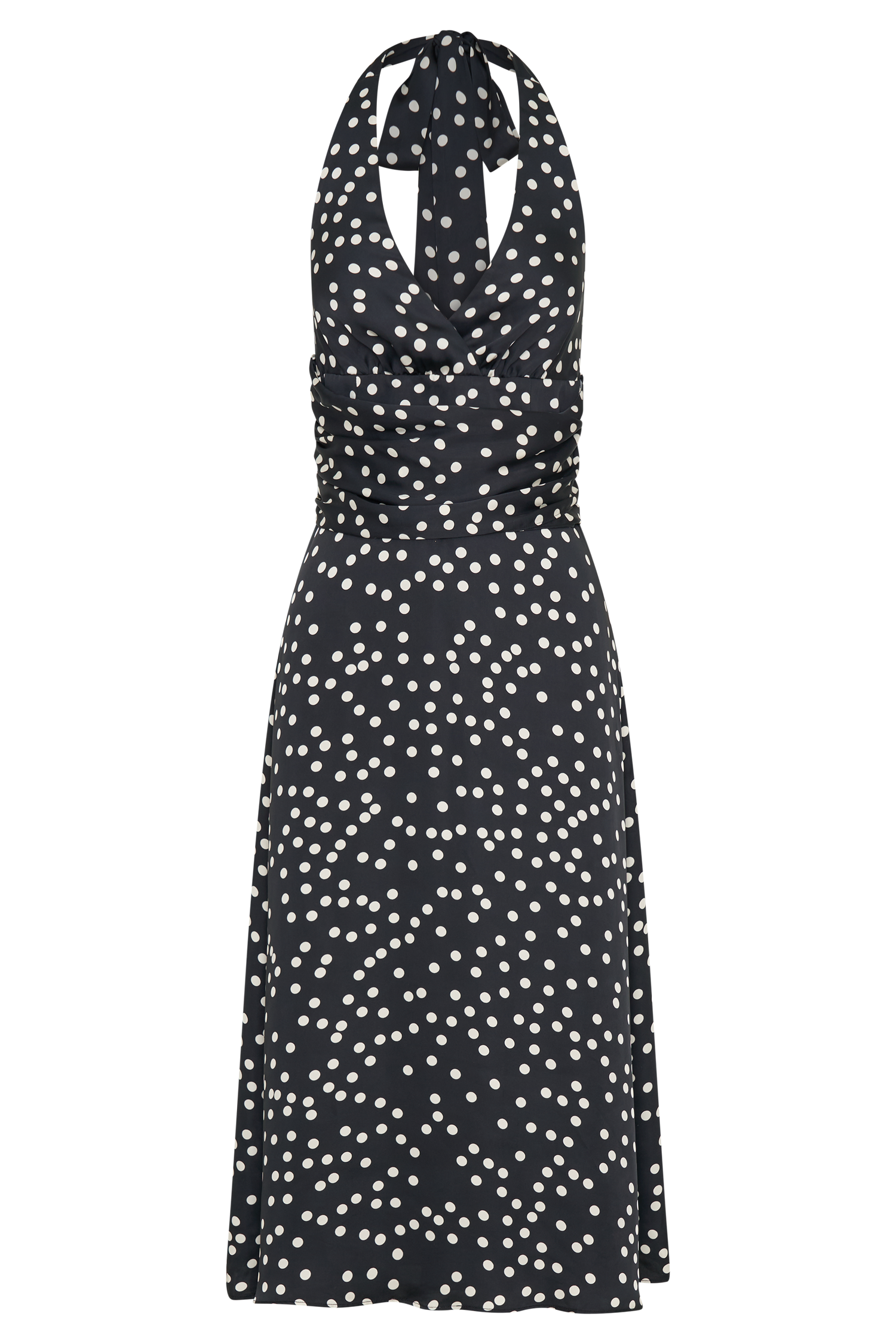Marguerite Satin Halter Midi Dress - Black Polka Dot Print