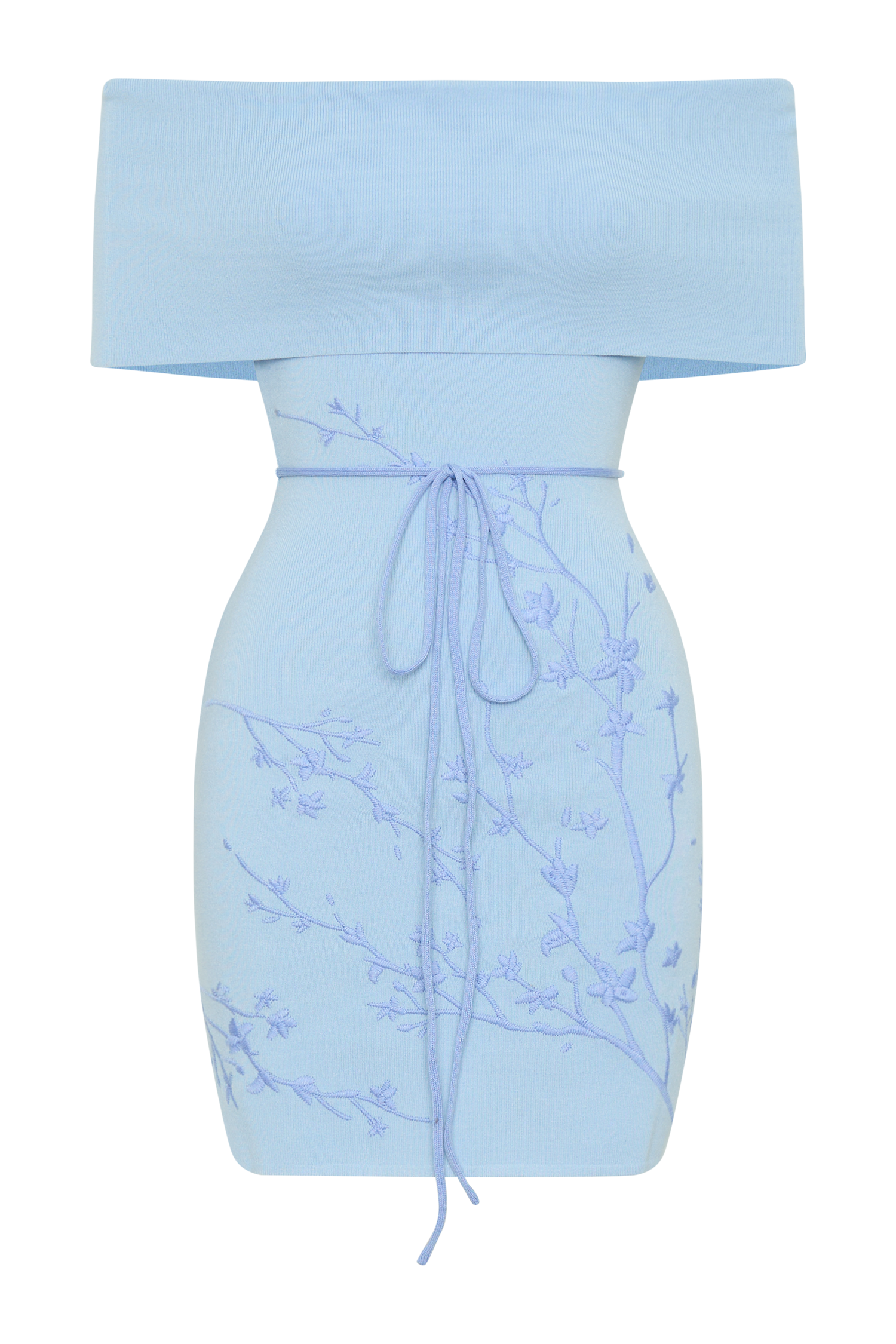 Mallory Off Shoulder Embroidered Knit Mini Dress - Ice Blue
