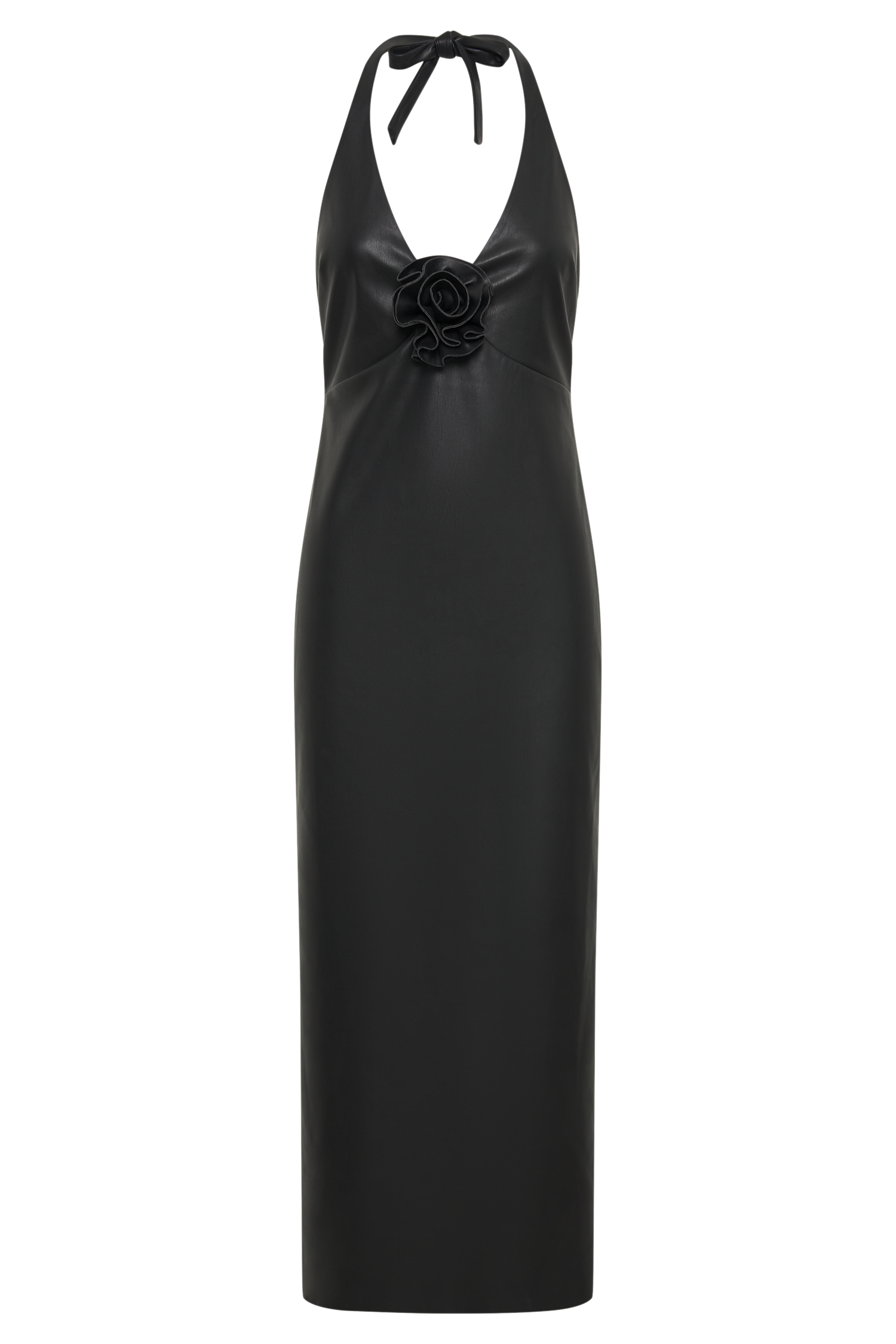 Dori Faux Leather Rose Midi Dress - Black