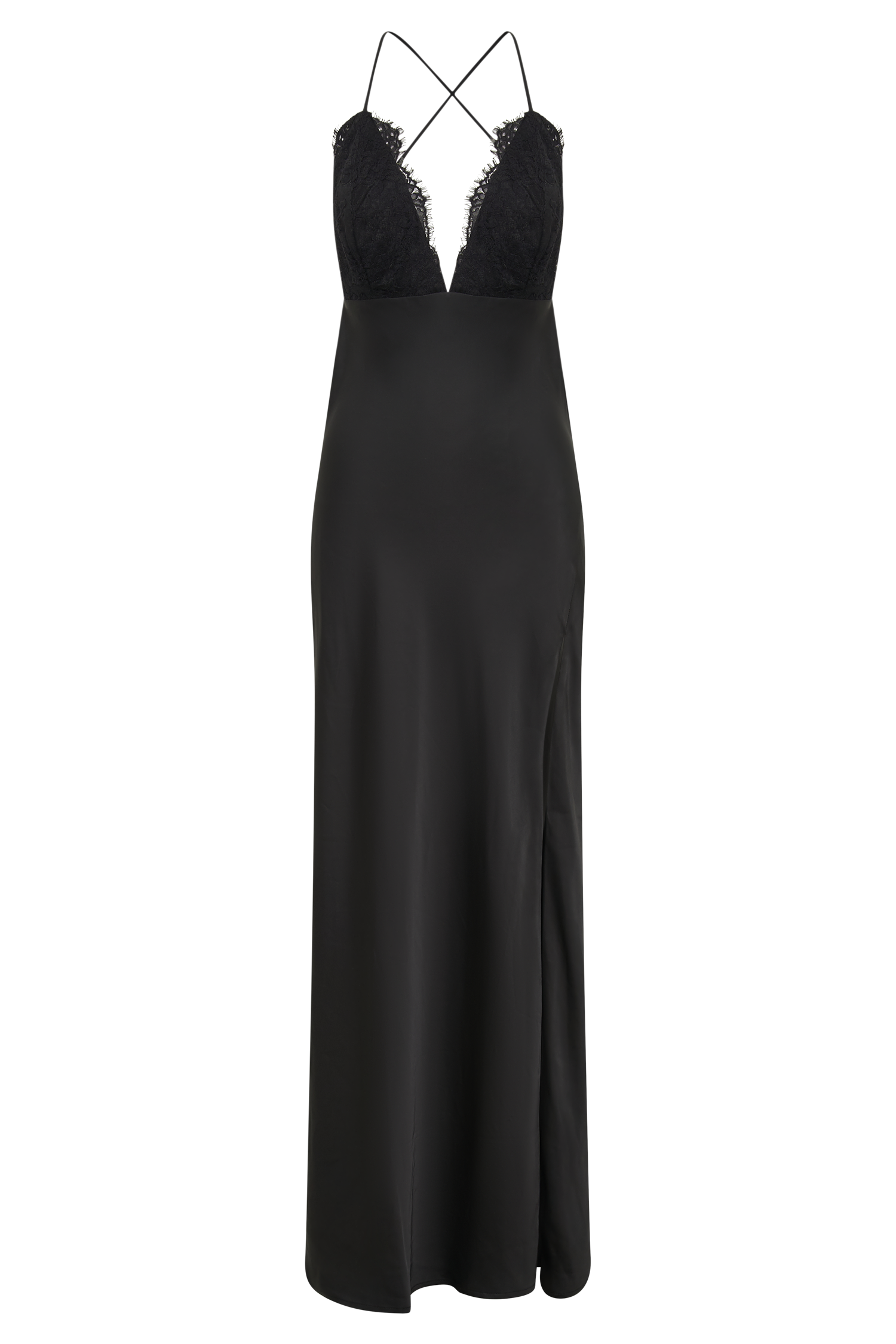 Gina Satin Slip Maxi Dress With Lace - Black