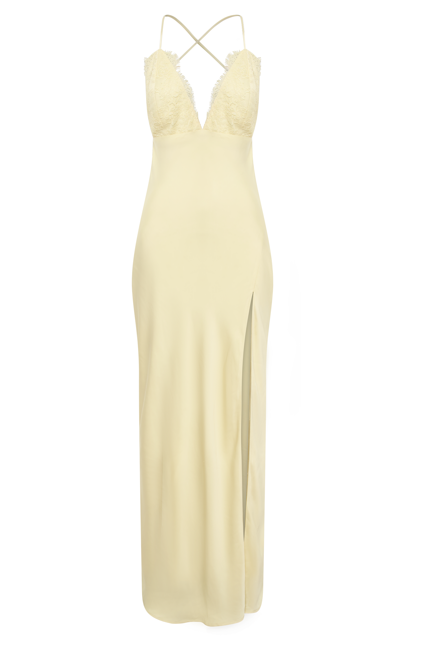 Gina Satin Slip Maxi Dress With Lace - Lemon