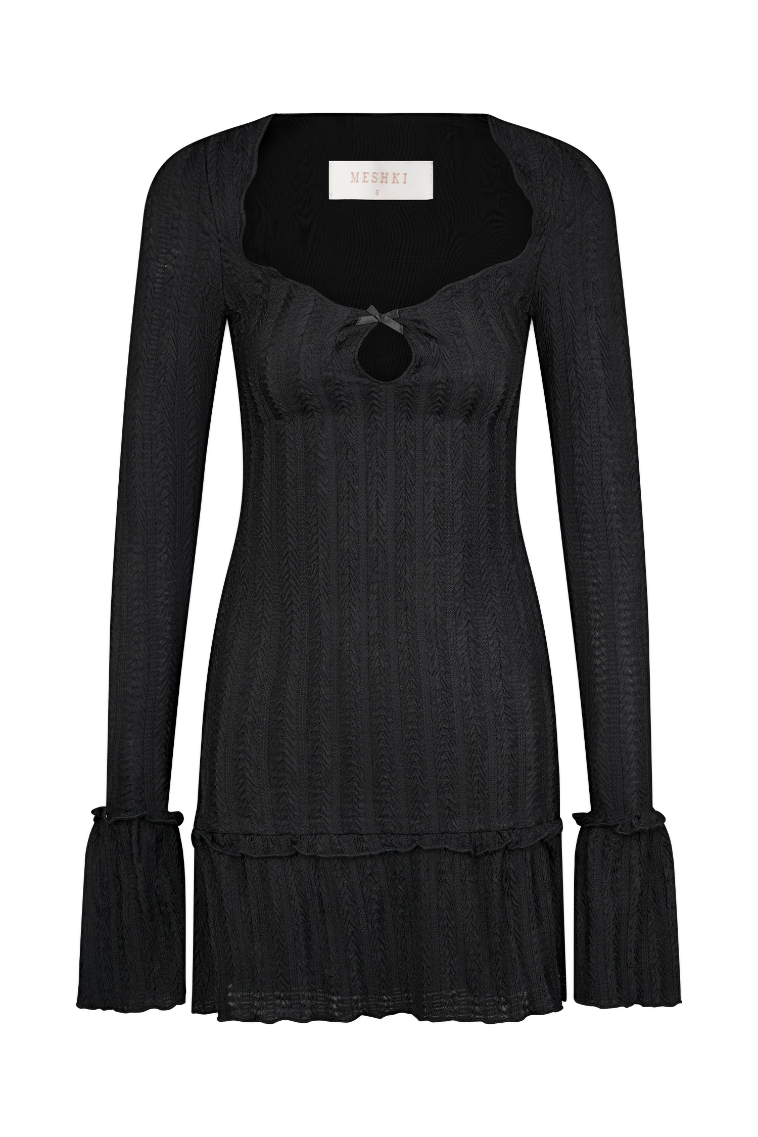 Daphne Pointelle Long Sleeve Mini Dress - Black