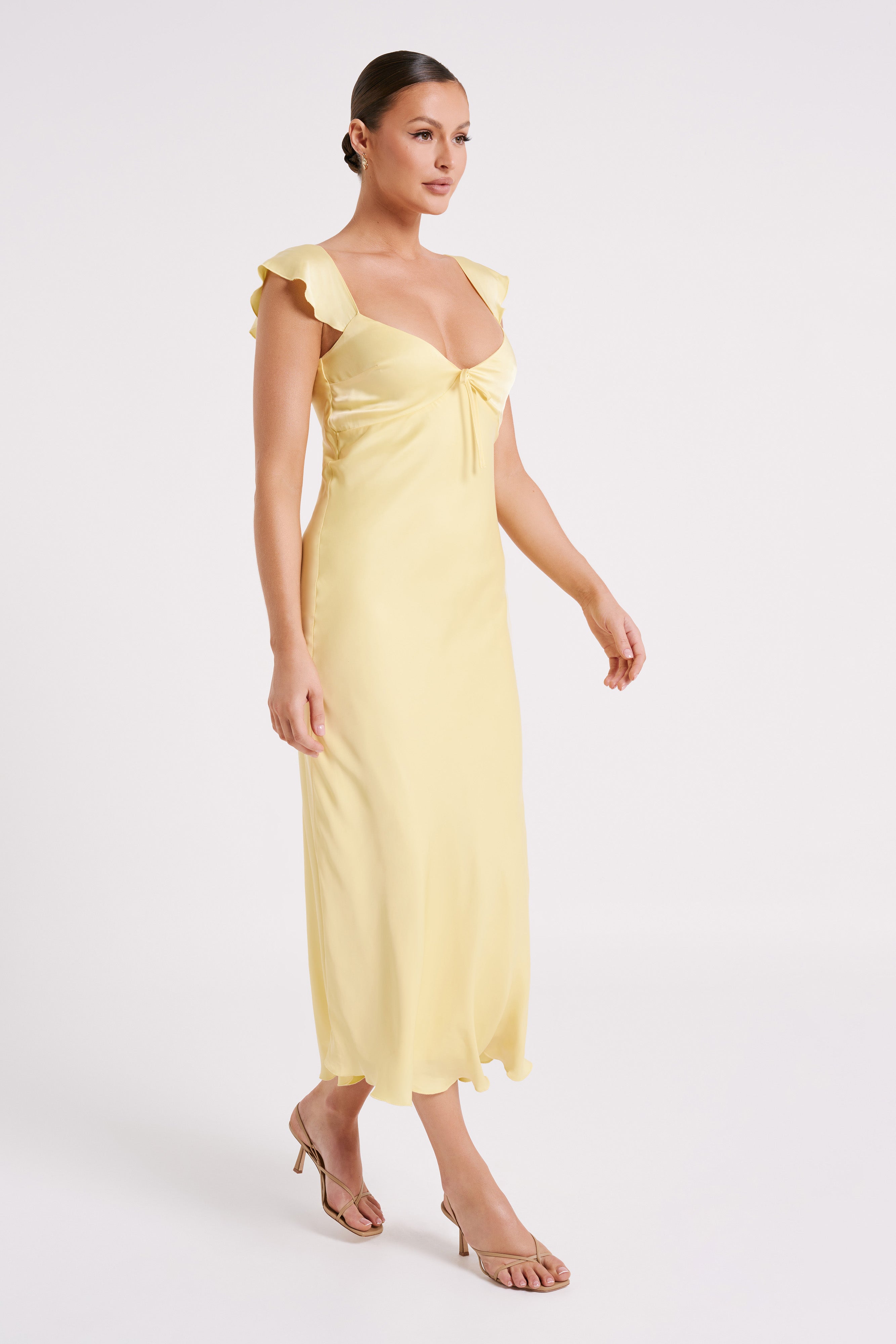 Chantal Short Sleeve Satin Midi Dress - Yellow