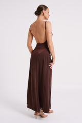 Kamala Low Back Satin Maxi Dress - Dark Chocolate