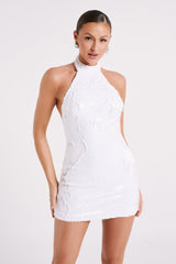 Jayne Sequin Halter Mini Dress - White