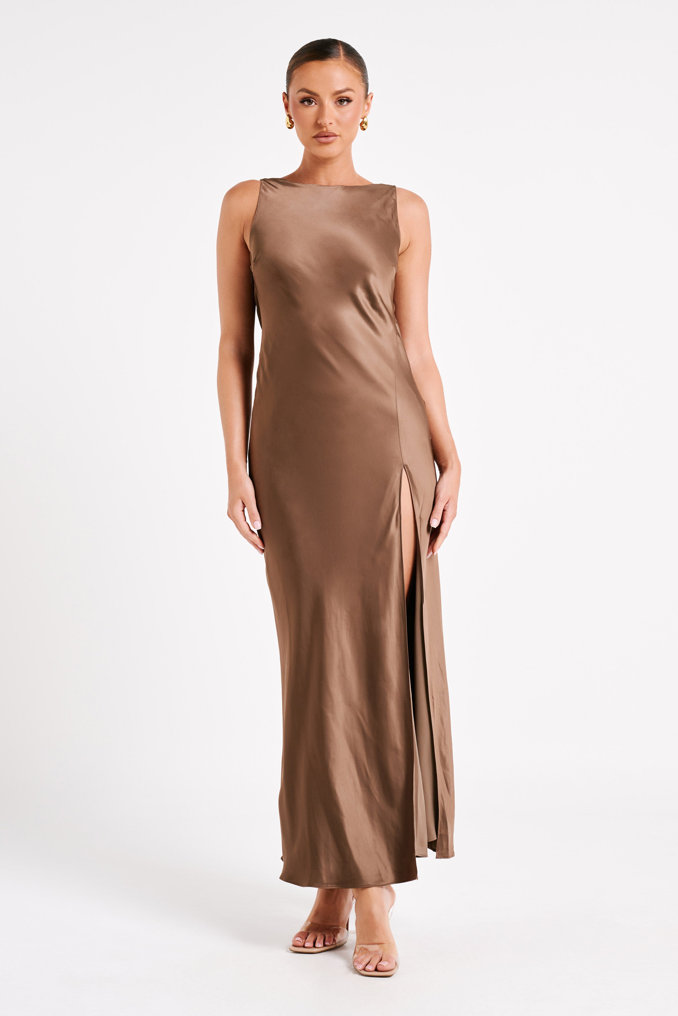 Gemima Satin Maxi Dress With Split - Mocha