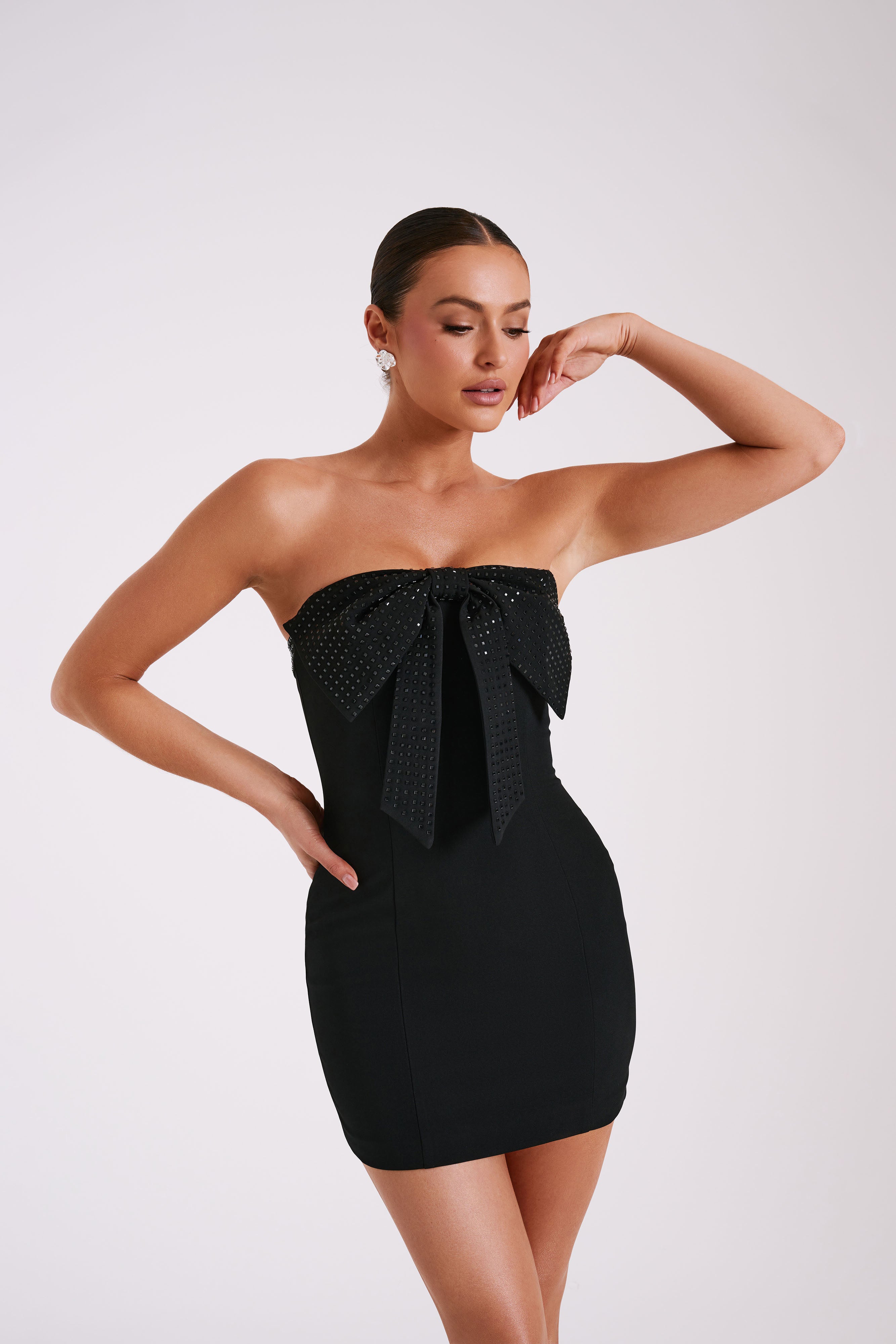 Saoirse Strapless Mini Dress With Diamante Bow - Black
