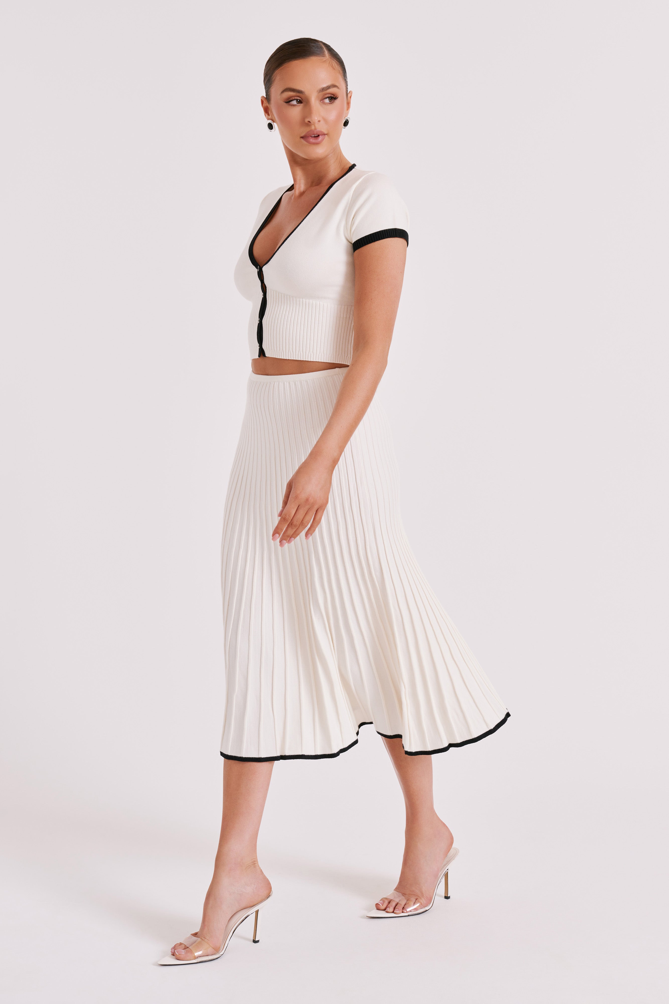 Jolene Contrast Rib Knit Midi Skirt - White