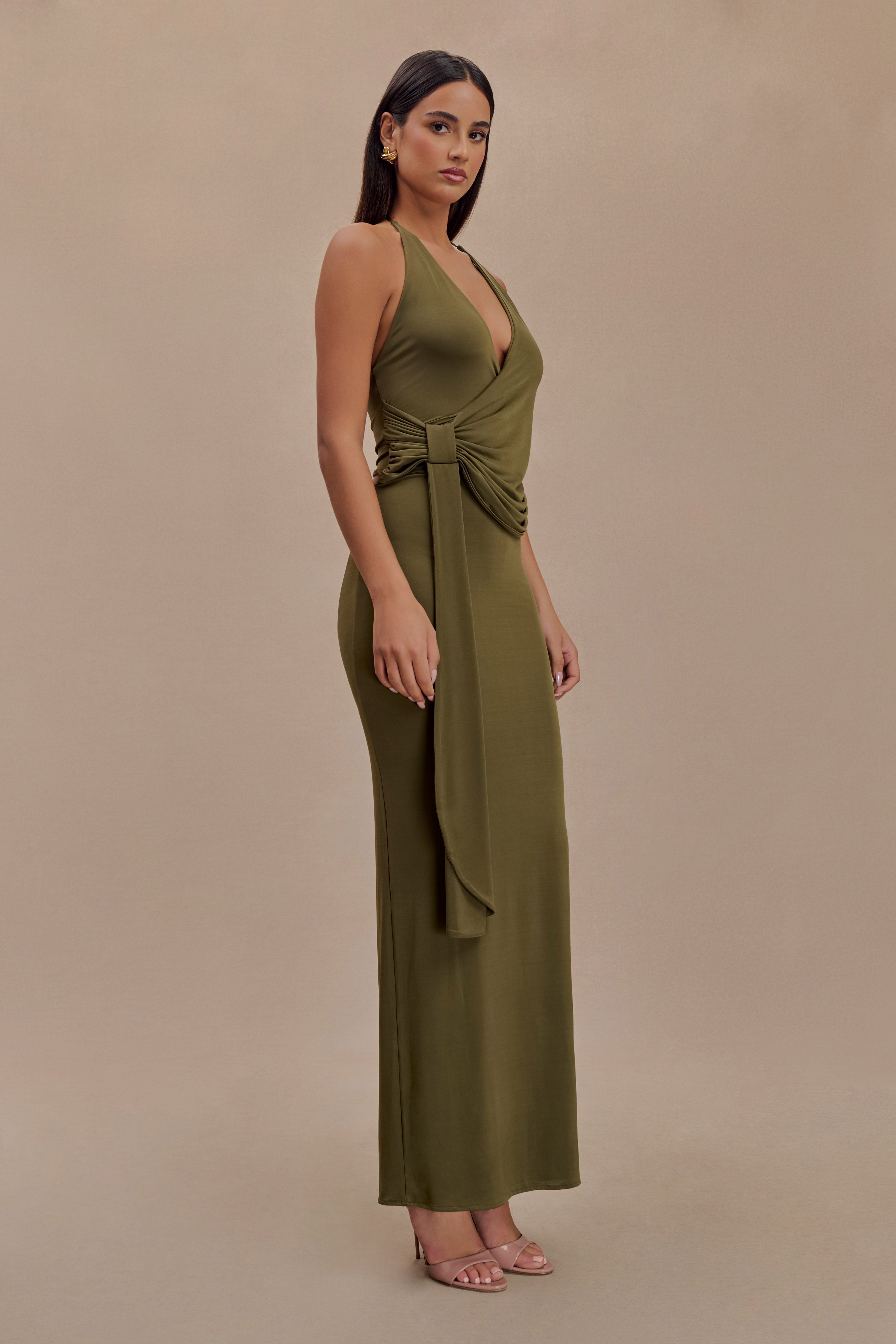 Tyla Draped Slinky Halter Maxi Dress - Dark Olive